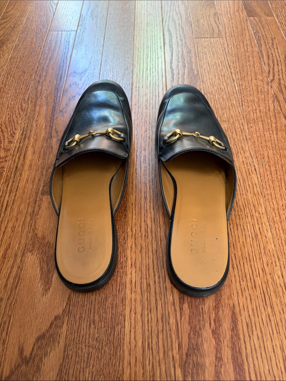 Gucci Black Leather Horsebit Mule Loafers with Gold Hardware